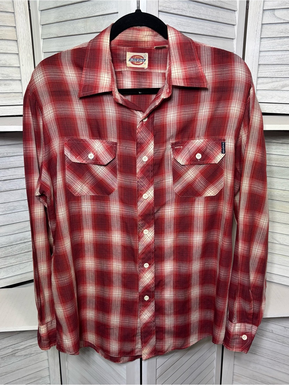 Vintage Dickies Red Plaid Long Sleeve Button Down Shirt Size Large